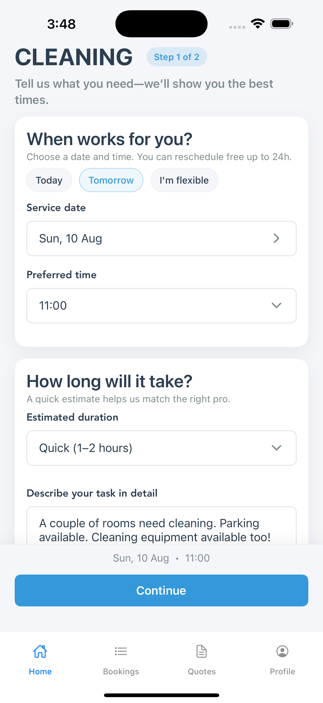 Servy booking flow showing date, time and duration selection
