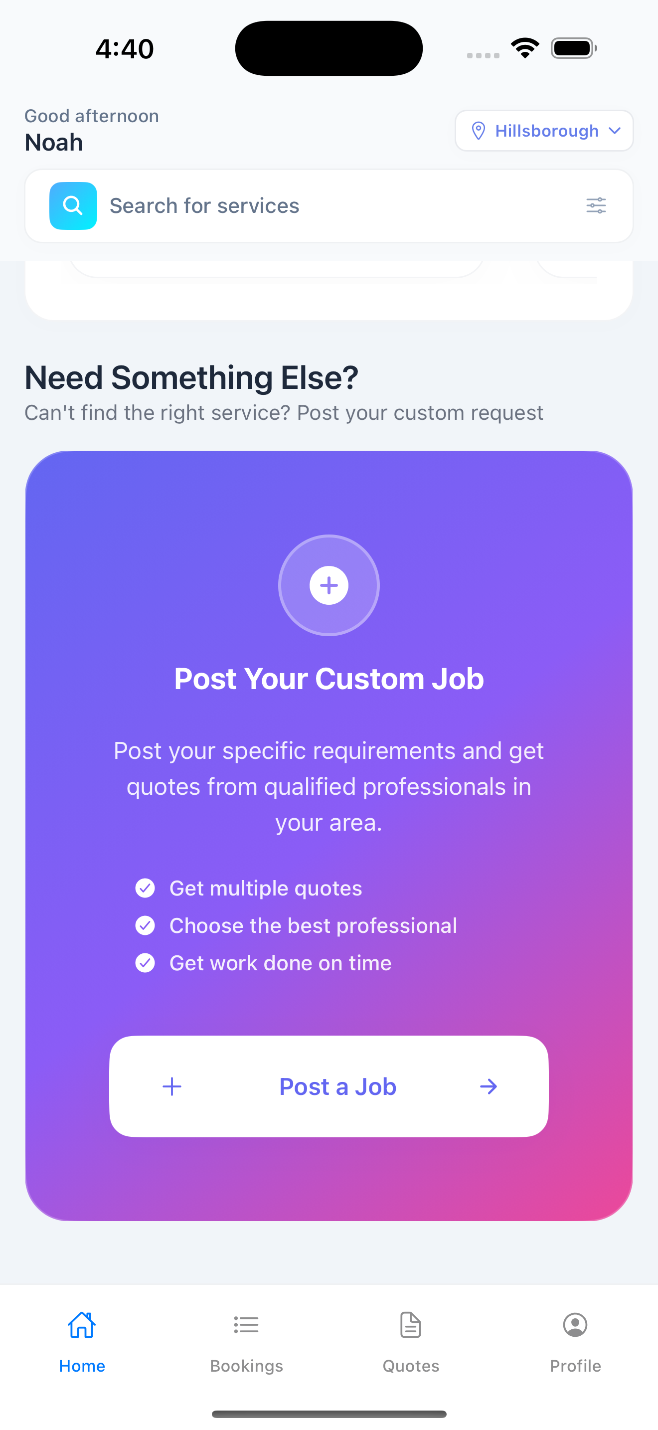 Servy custom job screen for posting a request to local providers