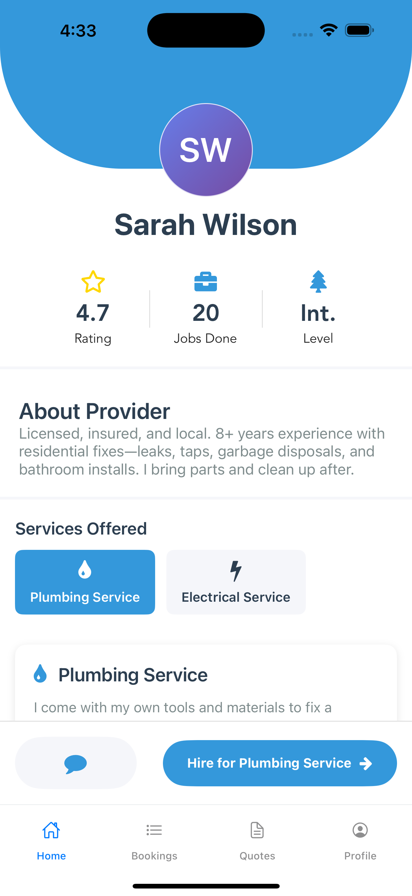 Servy provider profile showing rating, jobs done and services offered